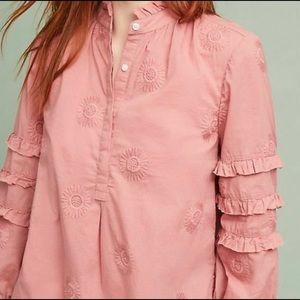 ANTHROPOLOGIE Isabella‎ Sinclair Sunflower Embroidered Henley Blouse Top